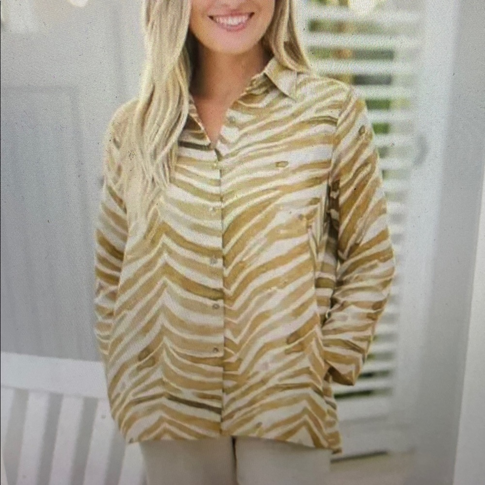 iLinen Classic Button Down Shirt Natural Zebra Size XS